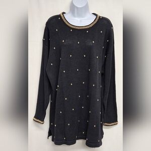Maurada 1X Vintage Pullover Sweater Black Gold Beaded Longer Length